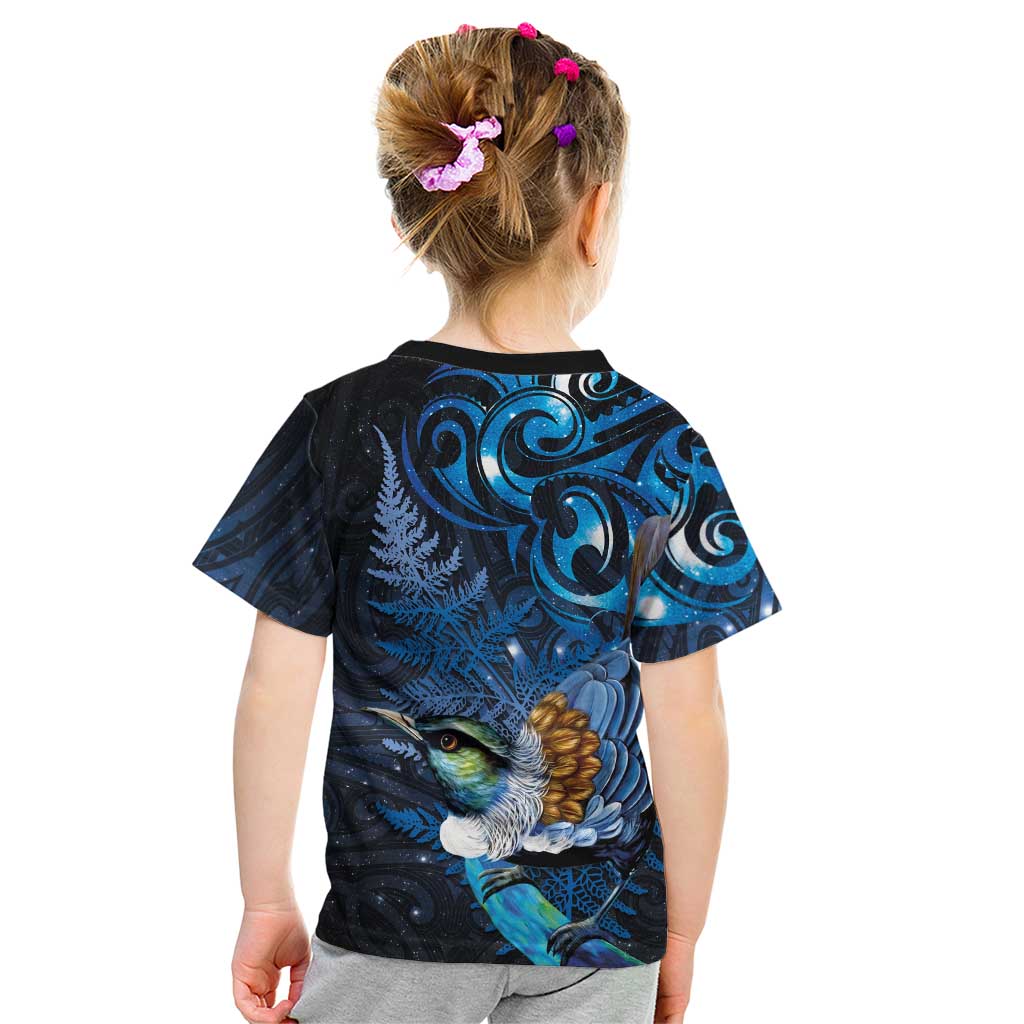 Aotearoa Matariki Kid T Shirt Maori Tribal with Silver Fern and Tui Bird Galaxy Style - Aussie Hoodie