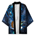 Aotearoa Matariki Kimono Maori Tribal with Silver Fern and Tui Bird Galaxy Style - Aussie Hoodie