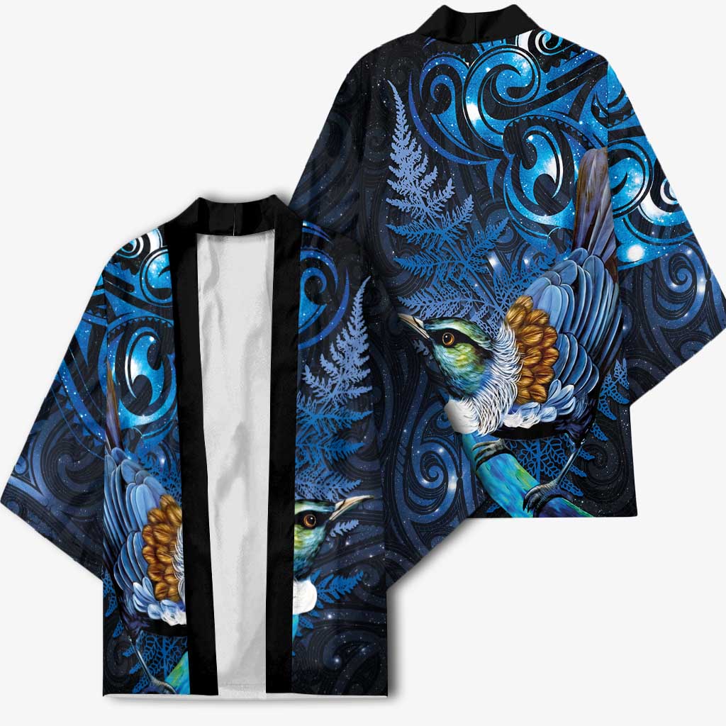 Aotearoa Matariki Kimono Maori Tribal with Silver Fern and Tui Bird Galaxy Style - Aussie Hoodie