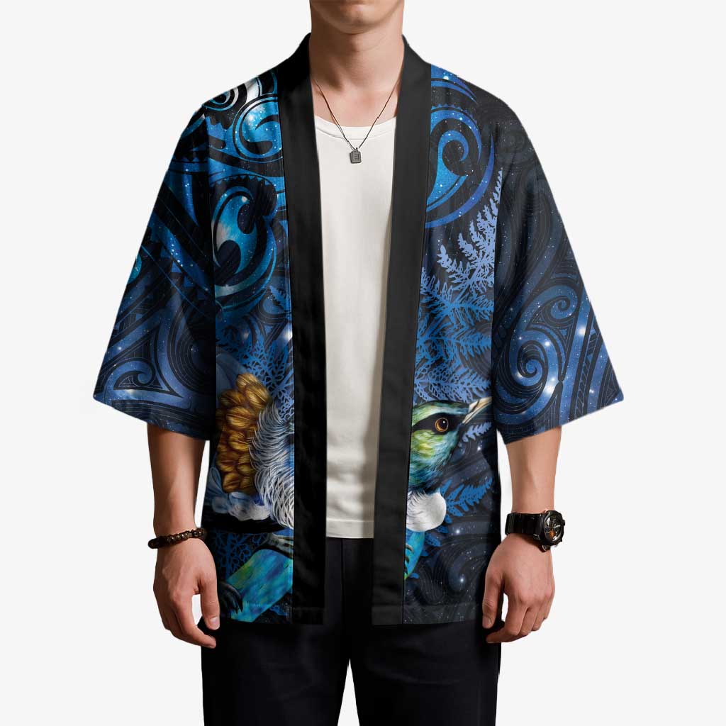 Aotearoa Matariki Kimono Maori Tribal with Silver Fern and Tui Bird Galaxy Style - Aussie Hoodie