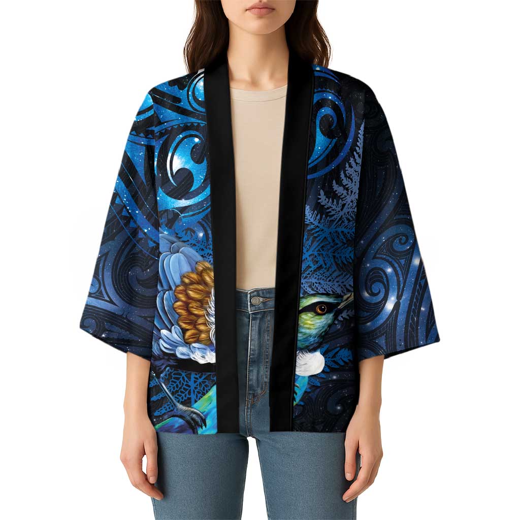 Aotearoa Matariki Kimono Maori Tribal with Silver Fern and Tui Bird Galaxy Style - Aussie Hoodie