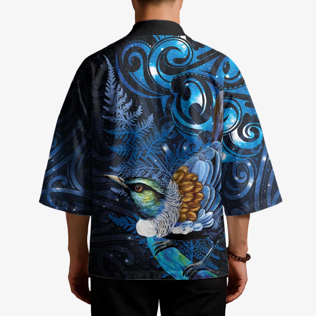 Aotearoa Matariki Kimono Maori Tribal with Silver Fern and Tui Bird Galaxy Style - Aussie Hoodie