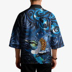 Aotearoa Matariki Kimono Maori Tribal with Silver Fern and Tui Bird Galaxy Style - Aussie Hoodie