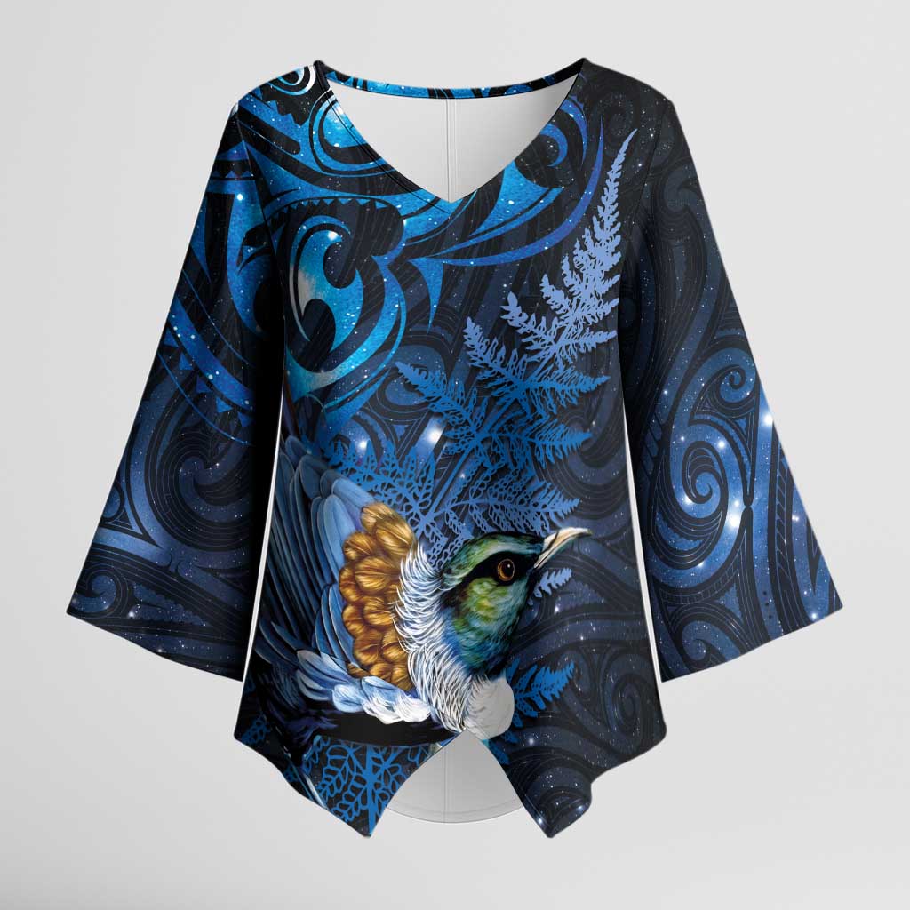 Aotearoa Matariki Kimono Sleeve Blouse Maori Tribal with Silver Fern and Tui Bird Galaxy Style - Aussie Hoodie
