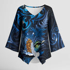 Aotearoa Matariki Kimono Sleeve Blouse Maori Tribal with Silver Fern and Tui Bird Galaxy Style - Aussie Hoodie