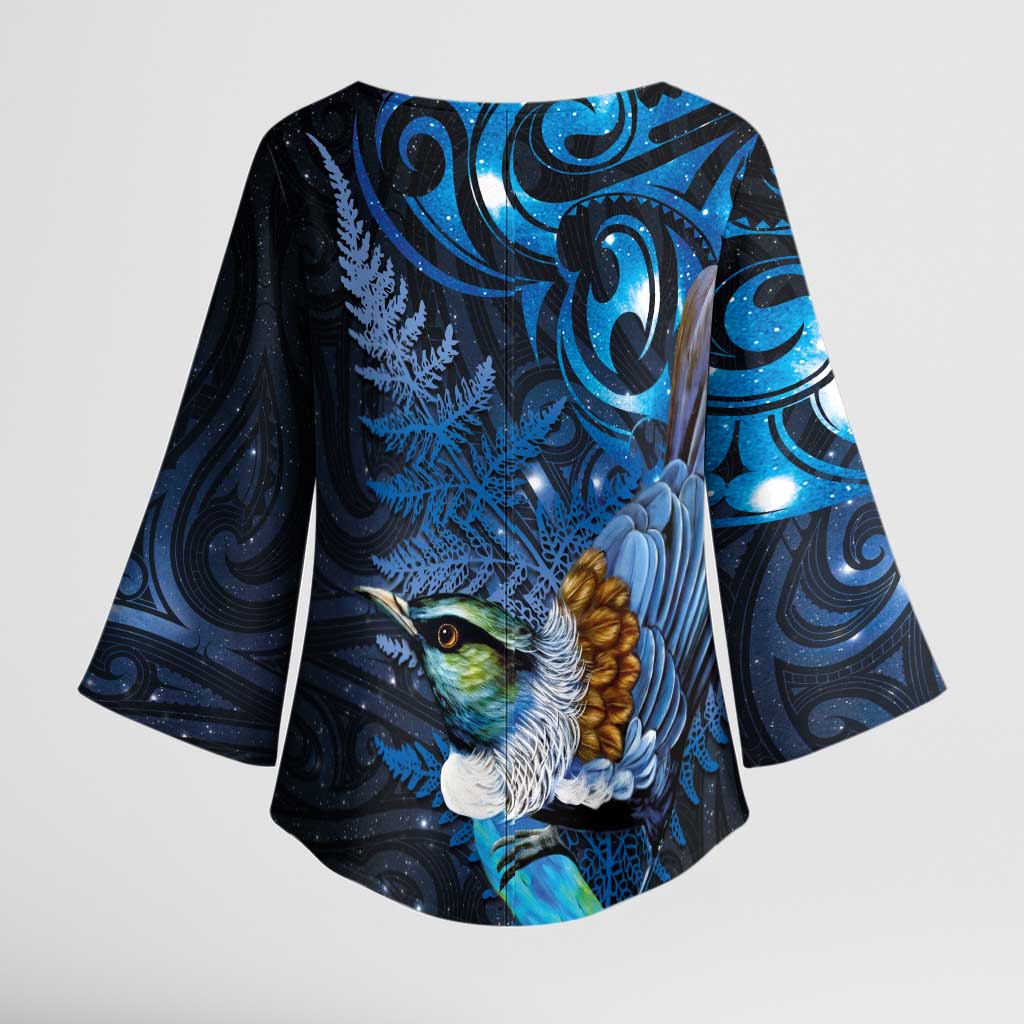 Aotearoa Matariki Kimono Sleeve Blouse Maori Tribal with Silver Fern and Tui Bird Galaxy Style - Aussie Hoodie