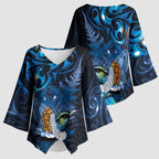 Aotearoa Matariki Kimono Sleeve Blouse Maori Tribal with Silver Fern and Tui Bird Galaxy Style - Aussie Hoodie