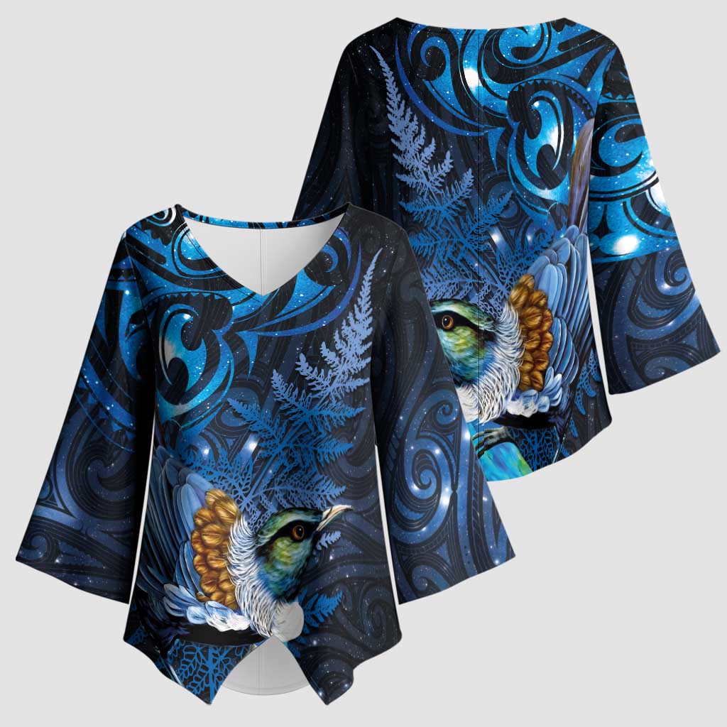 Aotearoa Matariki Kimono Sleeve Blouse Maori Tribal with Silver Fern and Tui Bird Galaxy Style - Aussie Hoodie
