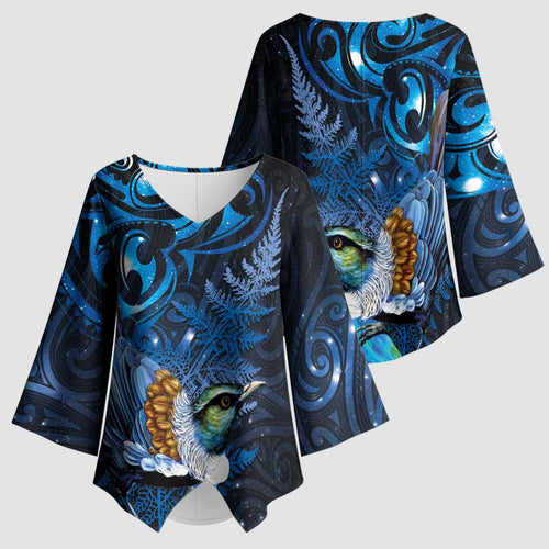 Aotearoa Matariki Kimono Sleeve Blouse Maori Tribal with Silver Fern and Tui Bird Galaxy Style - Aussie Hoodie