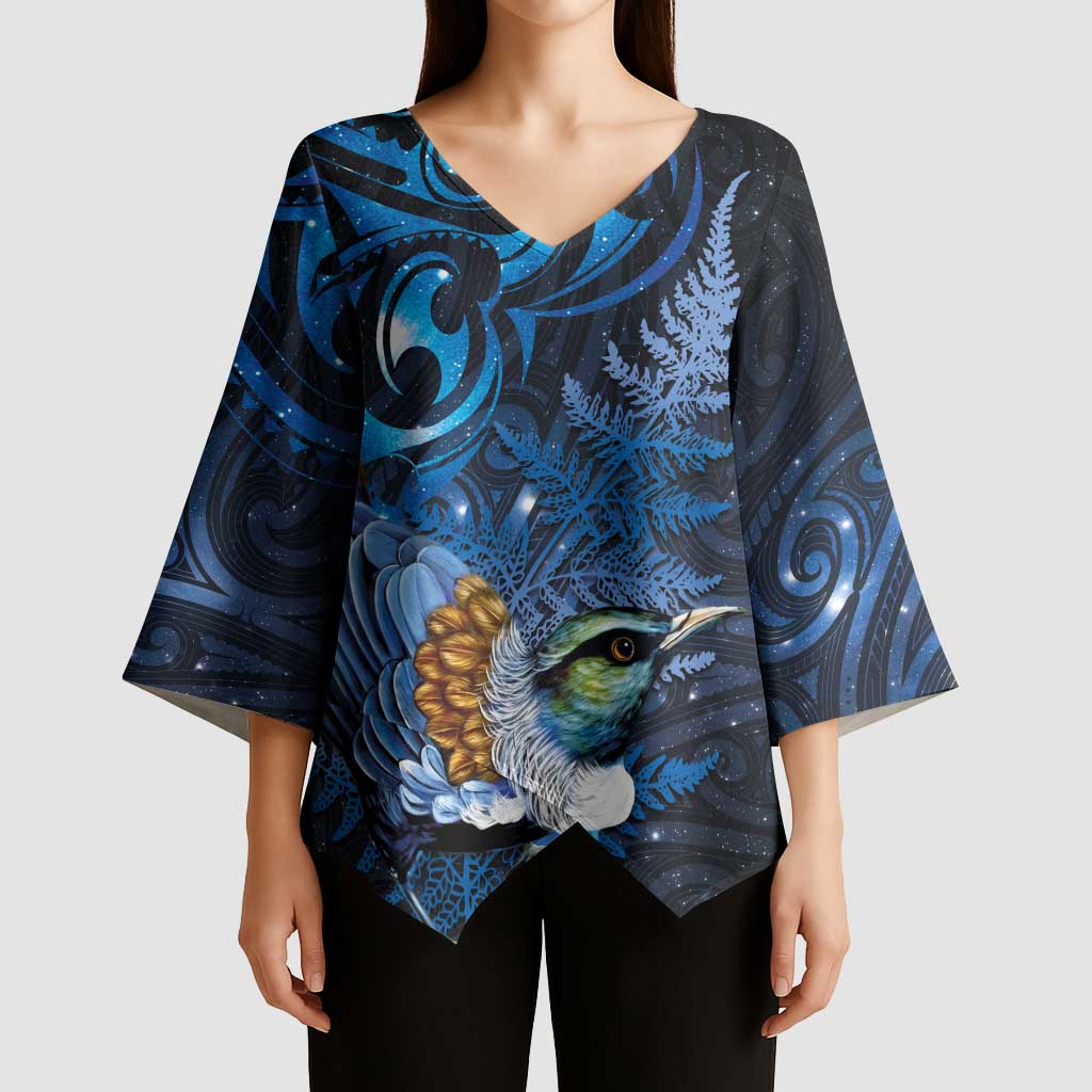 Aotearoa Matariki Kimono Sleeve Blouse Maori Tribal with Silver Fern and Tui Bird Galaxy Style - Aussie Hoodie