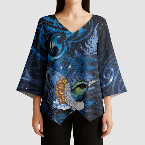 Aotearoa Matariki Kimono Sleeve Blouse Maori Tribal with Silver Fern and Tui Bird Galaxy Style - Aussie Hoodie