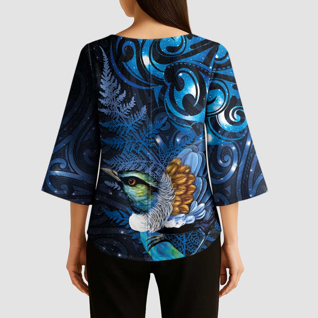 Aotearoa Matariki Kimono Sleeve Blouse Maori Tribal with Silver Fern and Tui Bird Galaxy Style - Aussie Hoodie