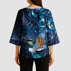 Aotearoa Matariki Kimono Sleeve Blouse Maori Tribal with Silver Fern and Tui Bird Galaxy Style - Aussie Hoodie