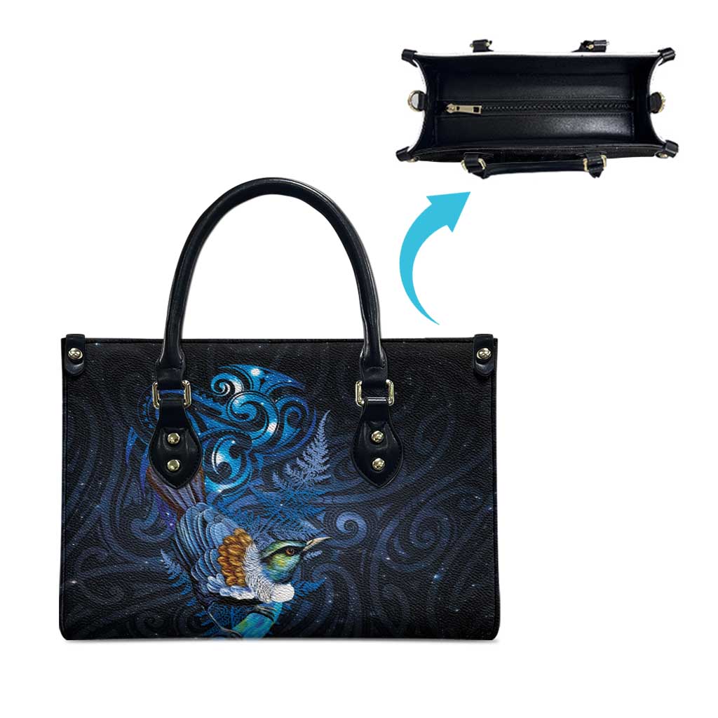 Aotearoa Matariki Leather Bag Maori Tribal with Silver Fern and Tui Bird Galaxy Style - Aussie Hoodie