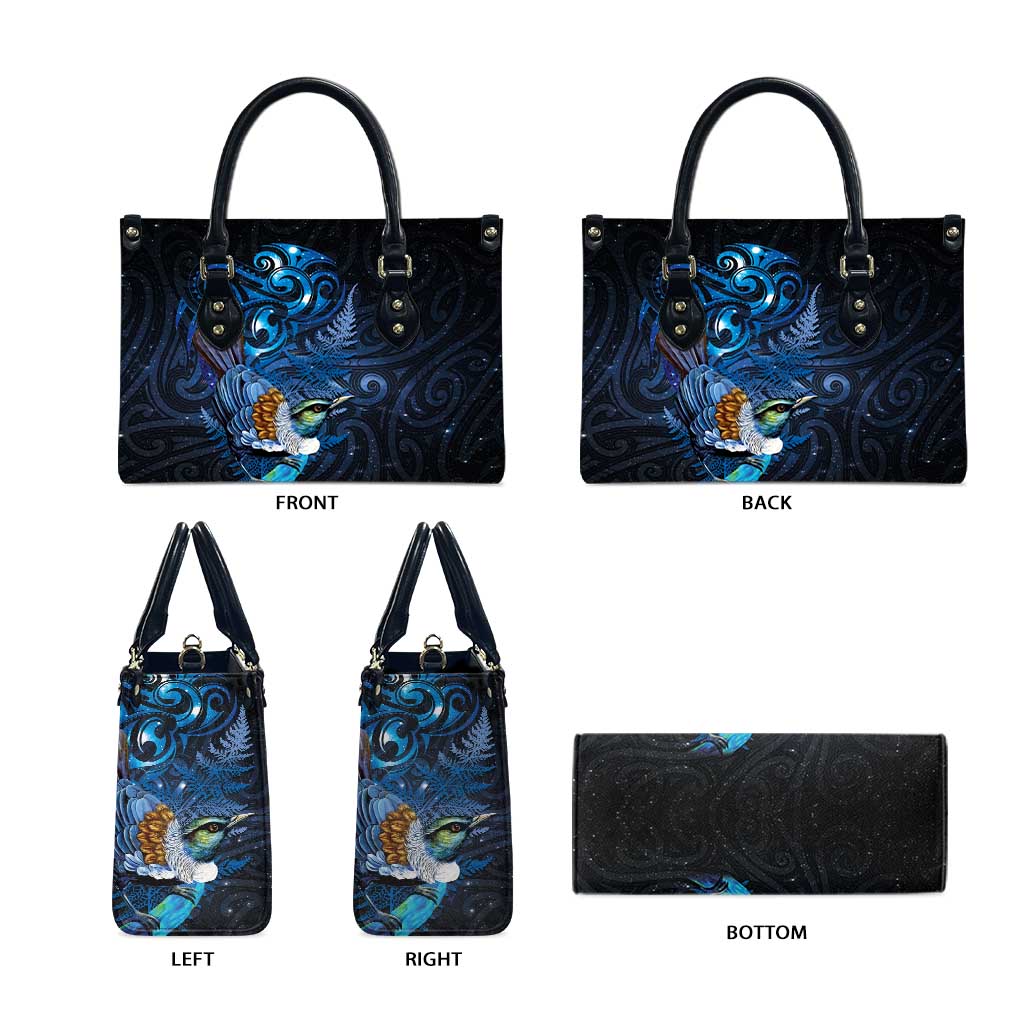 Aotearoa Matariki Leather Bag Maori Tribal with Silver Fern and Tui Bird Galaxy Style - Aussie Hoodie