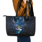 Aotearoa Matariki Leather Tote Bag Maori Tribal with Silver Fern and Tui Bird Galaxy Style - Aussie Hoodie