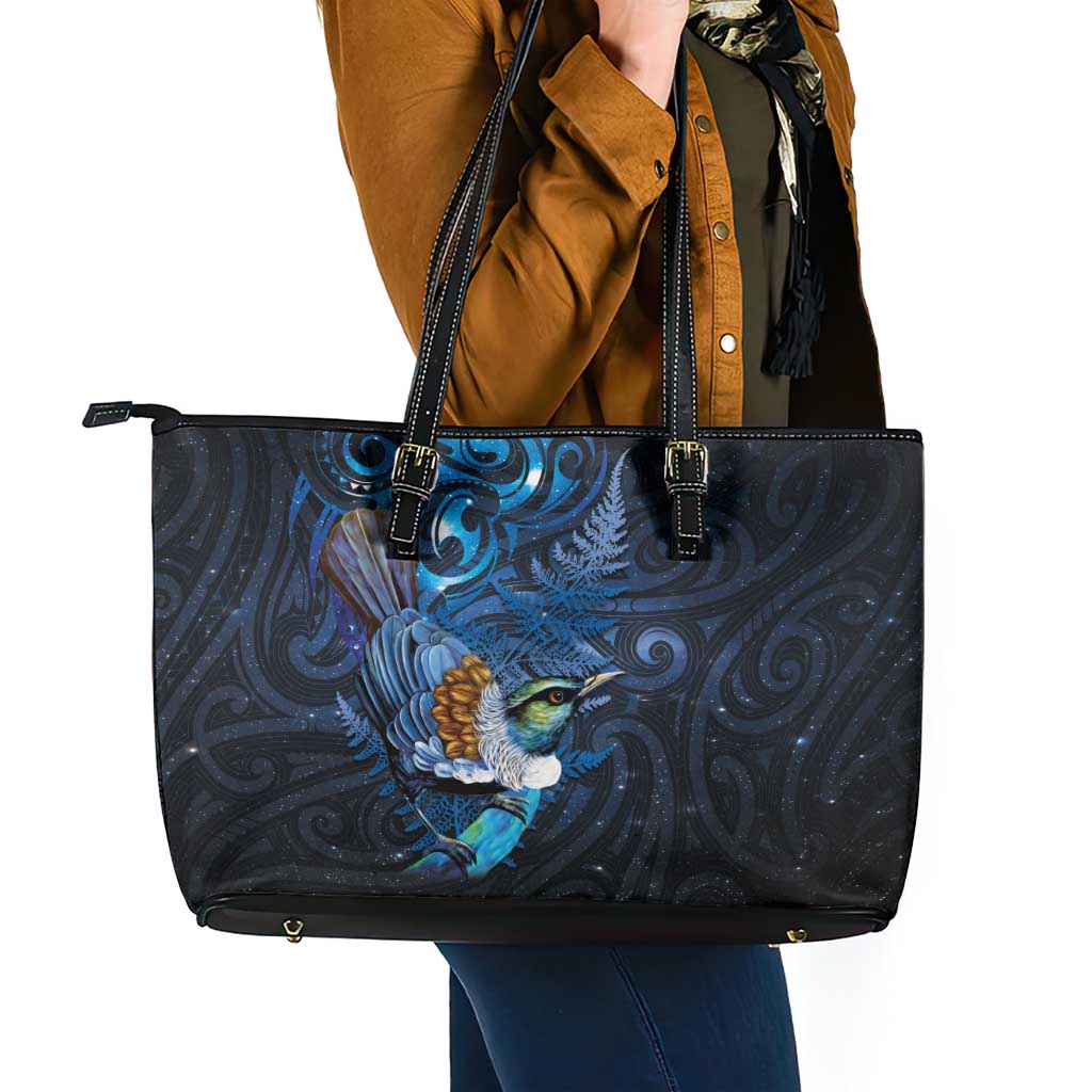 Aotearoa Matariki Leather Tote Bag Maori Tribal with Silver Fern and Tui Bird Galaxy Style - Aussie Hoodie