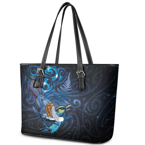 Aotearoa Matariki Leather Tote Bag Maori Tribal with Silver Fern and Tui Bird Galaxy Style - Aussie Hoodie