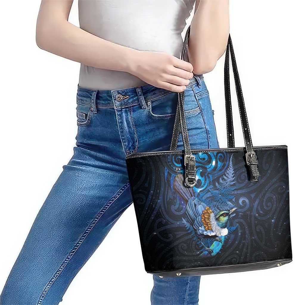 Aotearoa Matariki Leather Tote Bag Maori Tribal with Silver Fern and Tui Bird Galaxy Style - Aussie Hoodie