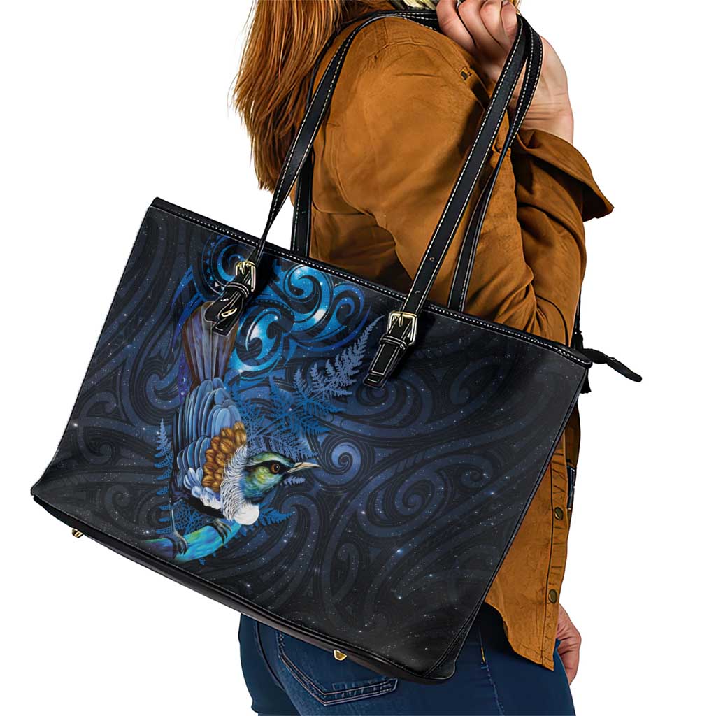 Aotearoa Matariki Leather Tote Bag Maori Tribal with Silver Fern and Tui Bird Galaxy Style - Aussie Hoodie