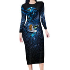 Aotearoa Matariki Long Sleeve Bodycon Dress Maori Tribal with Silver Fern and Tui Bird Galaxy Style - Aussie Hoodie