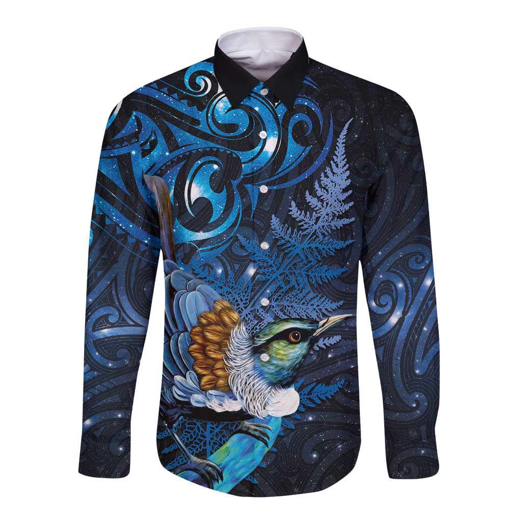 Aotearoa Matariki Long Sleeve Button Shirt Maori Tribal with Silver Fern and Tui Bird Galaxy Style - Aussie Hoodie
