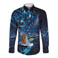 Aotearoa Matariki Long Sleeve Button Shirt Maori Tribal with Silver Fern and Tui Bird Galaxy Style - Aussie Hoodie