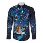 Aotearoa Matariki Long Sleeve Button Shirt Maori Tribal with Silver Fern and Tui Bird Galaxy Style - Aussie Hoodie