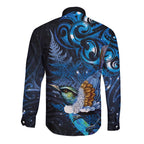 Aotearoa Matariki Long Sleeve Button Shirt Maori Tribal with Silver Fern and Tui Bird Galaxy Style - Aussie Hoodie