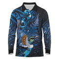 Aotearoa Matariki Long Sleeve Polo Shirt Maori Tribal with Silver Fern and Tui Bird Galaxy Style - Aussie Hoodie