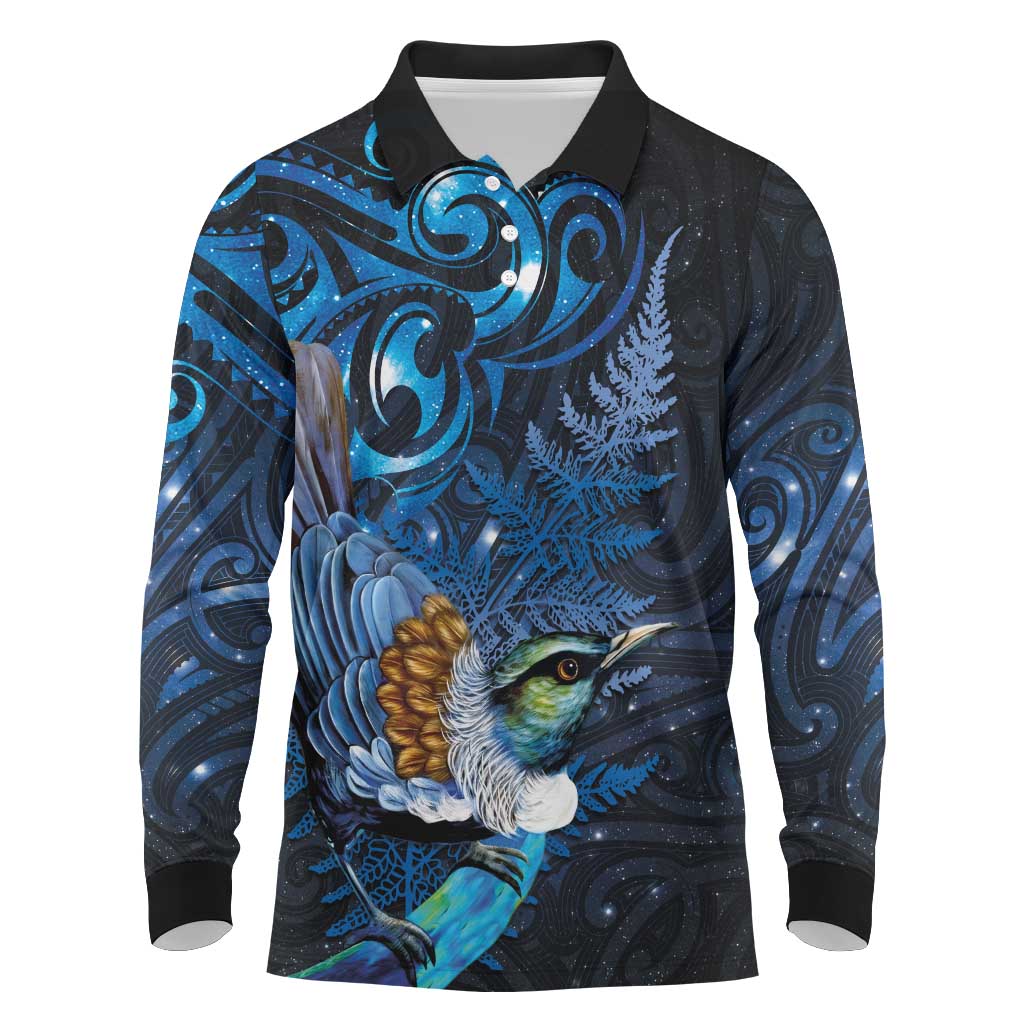 Aotearoa Matariki Long Sleeve Polo Shirt Maori Tribal with Silver Fern and Tui Bird Galaxy Style - Aussie Hoodie