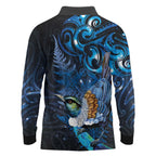 Aotearoa Matariki Long Sleeve Polo Shirt Maori Tribal with Silver Fern and Tui Bird Galaxy Style - Aussie Hoodie