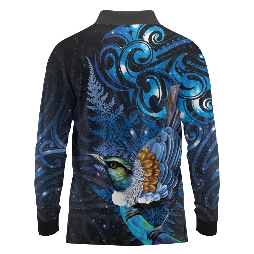 Aotearoa Matariki Long Sleeve Polo Shirt Maori Tribal with Silver Fern and Tui Bird Galaxy Style - Aussie Hoodie