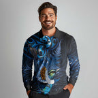 Aotearoa Matariki Long Sleeve Polo Shirt Maori Tribal with Silver Fern and Tui Bird Galaxy Style - Aussie Hoodie