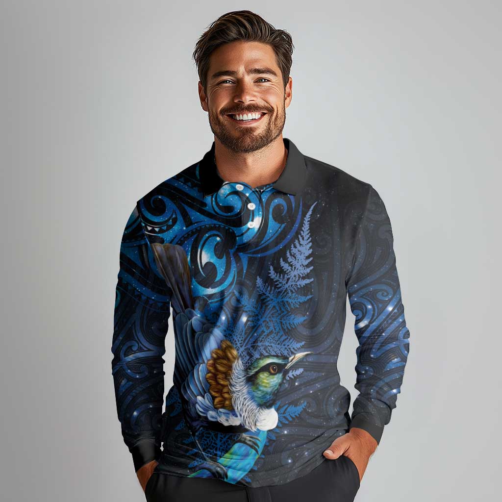 Aotearoa Matariki Long Sleeve Polo Shirt Maori Tribal with Silver Fern and Tui Bird Galaxy Style - Aussie Hoodie