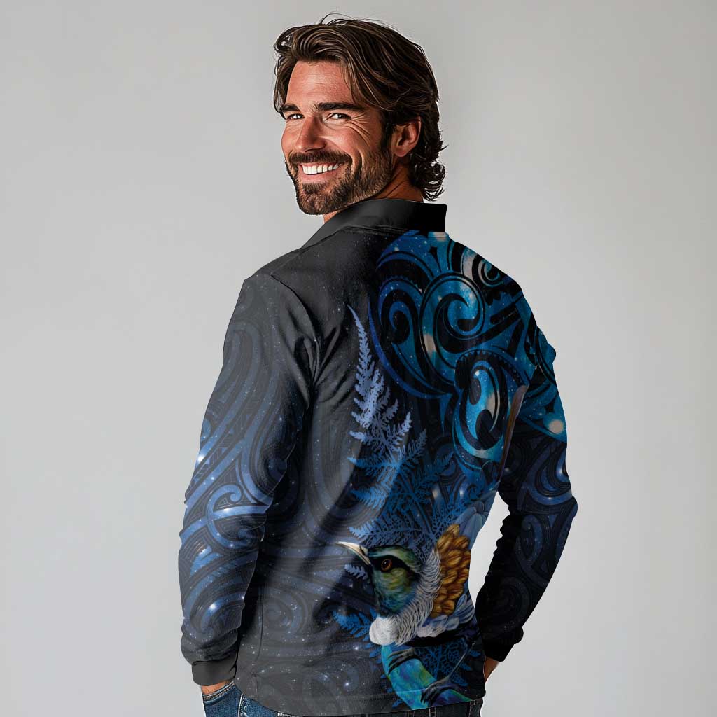 Aotearoa Matariki Long Sleeve Polo Shirt Maori Tribal with Silver Fern and Tui Bird Galaxy Style - Aussie Hoodie