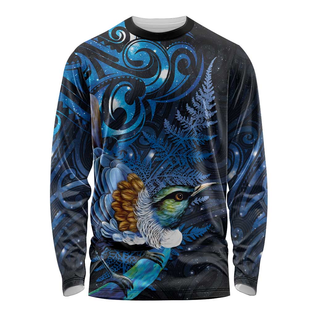Aotearoa Matariki Long Sleeve Shirt Maori Tribal with Silver Fern and Tui Bird Galaxy Style - Aussie Hoodie