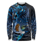 Aotearoa Matariki Long Sleeve Shirt Maori Tribal with Silver Fern and Tui Bird Galaxy Style - Aussie Hoodie