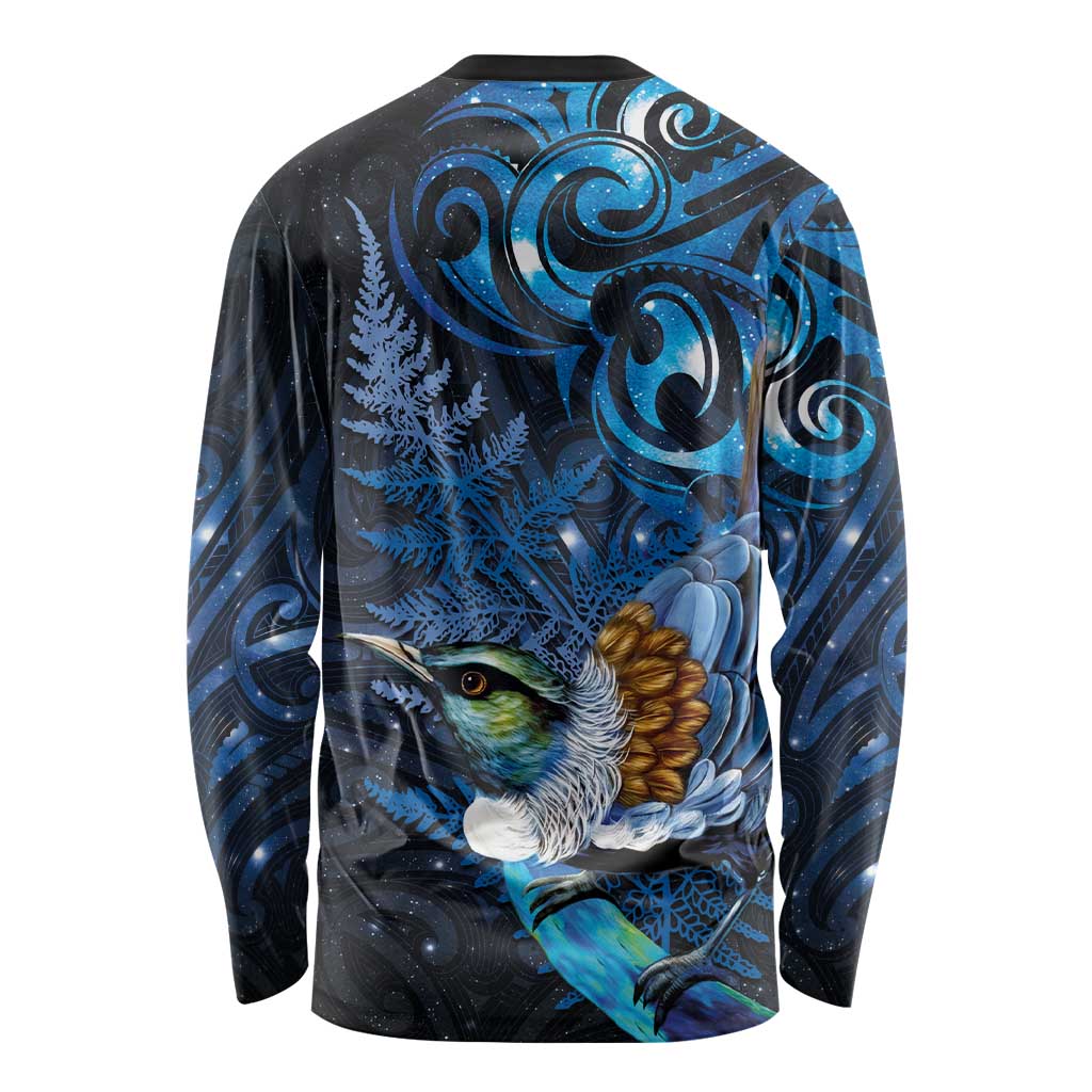 Aotearoa Matariki Long Sleeve Shirt Maori Tribal with Silver Fern and Tui Bird Galaxy Style - Aussie Hoodie