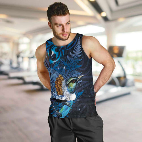 Aotearoa Matariki Men Tank Top Maori Tribal with Silver Fern and Tui Bird Galaxy Style - Aussie Hoodie