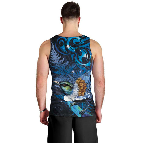 Aotearoa Matariki Men Tank Top Maori Tribal with Silver Fern and Tui Bird Galaxy Style - Aussie Hoodie