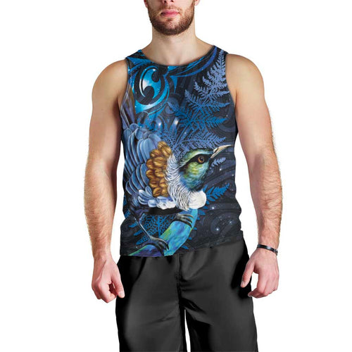Aotearoa Matariki Men Tank Top Maori Tribal with Silver Fern and Tui Bird Galaxy Style - Aussie Hoodie