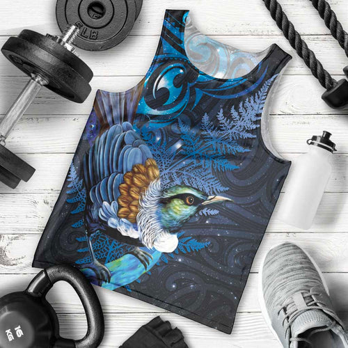 Aotearoa Matariki Men Tank Top Maori Tribal with Silver Fern and Tui Bird Galaxy Style - Aussie Hoodie