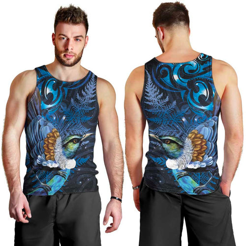 Aotearoa Matariki Men Tank Top Maori Tribal with Silver Fern and Tui Bird Galaxy Style - Aussie Hoodie