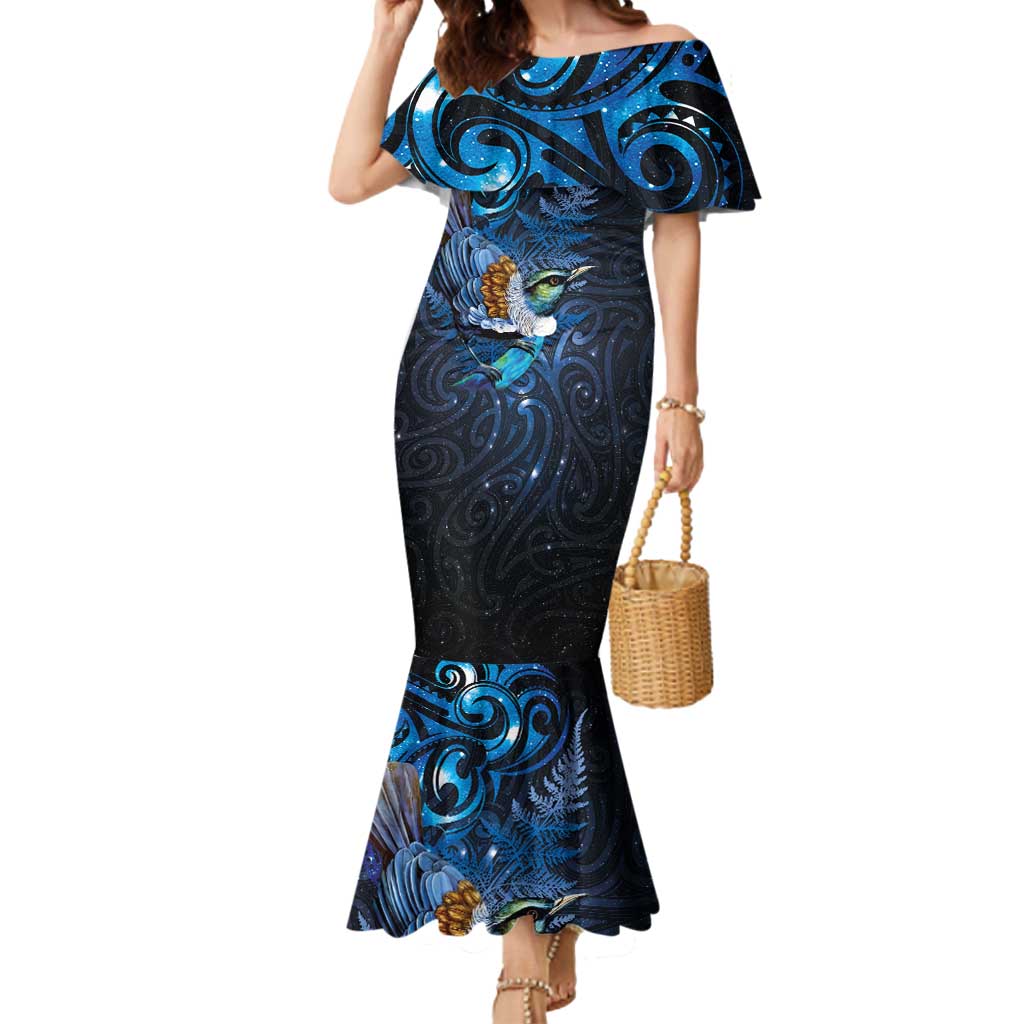 Aotearoa Matariki Mermaid Dress Maori Tribal with Silver Fern and Tui Bird Galaxy Style - Aussie Hoodie
