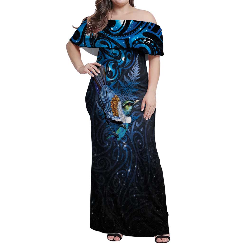 Aotearoa Matariki Off Shoulder Maxi Dress Maori Tribal with Silver Fern and Tui Bird Galaxy Style - Aussie Hoodie