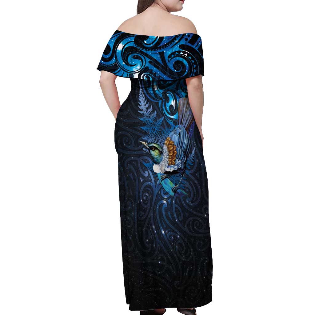 Aotearoa Matariki Off Shoulder Maxi Dress Maori Tribal with Silver Fern and Tui Bird Galaxy Style - Aussie Hoodie
