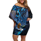 Aotearoa Matariki Off Shoulder Short Dress Maori Tribal with Silver Fern and Tui Bird Galaxy Style - Aussie Hoodie
