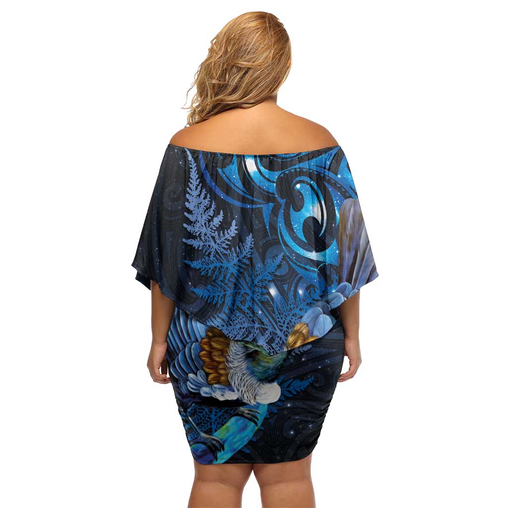 Aotearoa Matariki Off Shoulder Short Dress Maori Tribal with Silver Fern and Tui Bird Galaxy Style - Aussie Hoodie