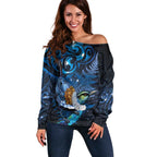 Aotearoa Matariki Off Shoulder Sweater Maori Tribal with Silver Fern and Tui Bird Galaxy Style - Aussie Hoodie